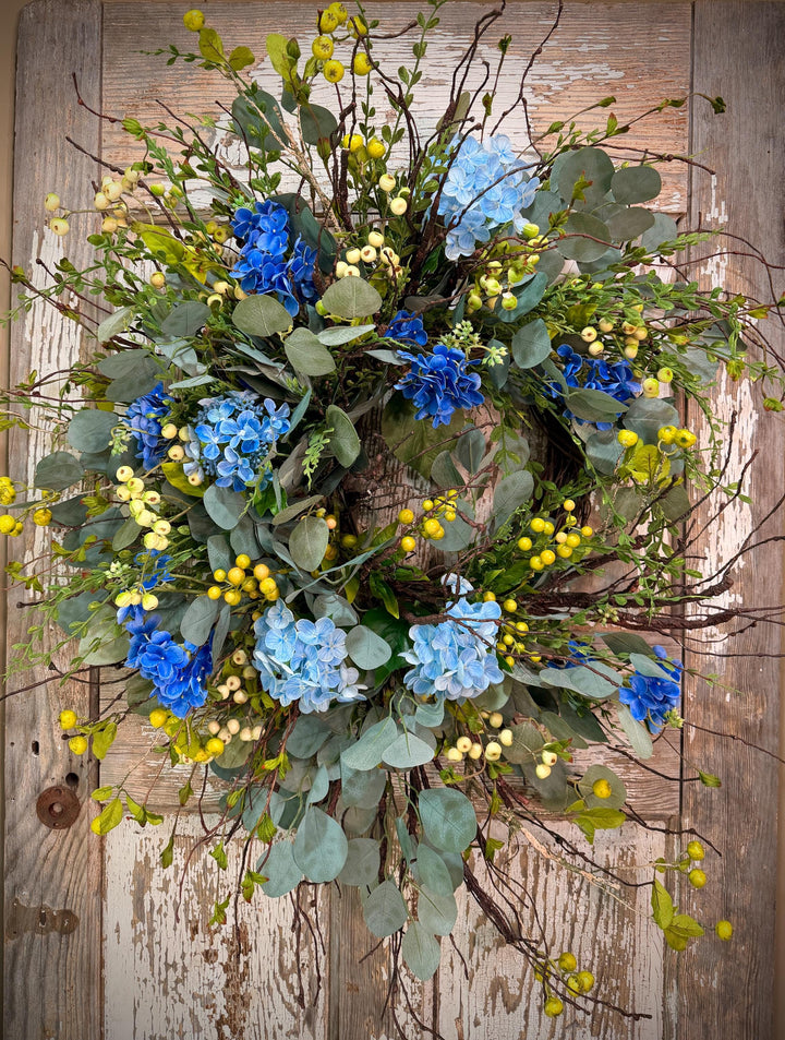 Blue Hydrangea Wreath for Front Door – Spring Summer Wreath with Greenery and Berries – Everyday Floral Door Decor – Farmhouse Wreath