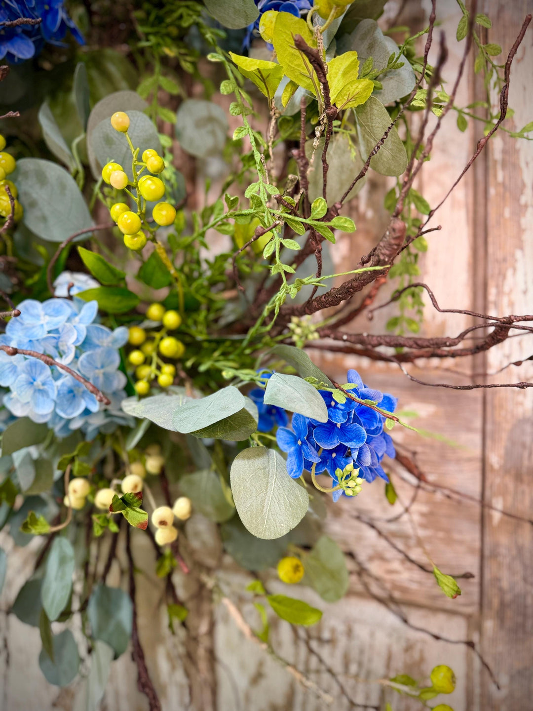 Blue Hydrangea Wreath for Front Door – Spring Summer Wreath with Greenery and Berries – Everyday Floral Door Decor – Farmhouse Wreath