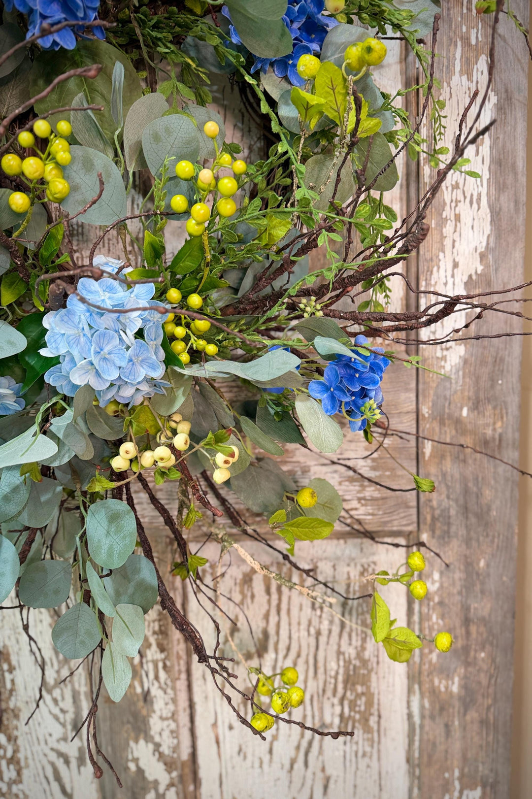 Blue Hydrangea Wreath for Front Door – Spring Summer Wreath with Greenery and Berries – Everyday Floral Door Decor – Farmhouse Wreath