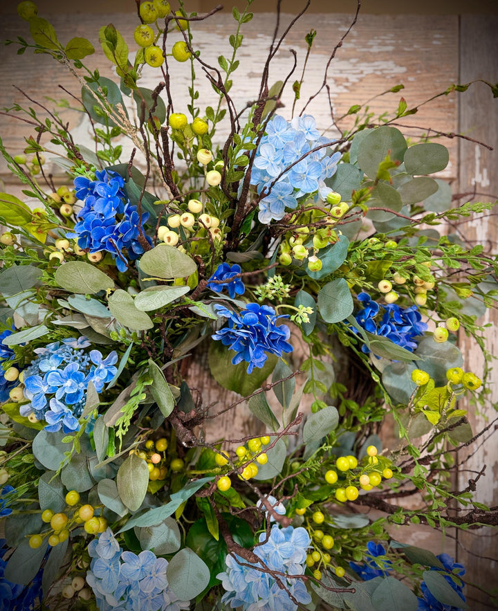 Blue Hydrangea Wreath for Front Door – Spring Summer Wreath with Greenery and Berries – Everyday Floral Door Decor – Farmhouse Wreath