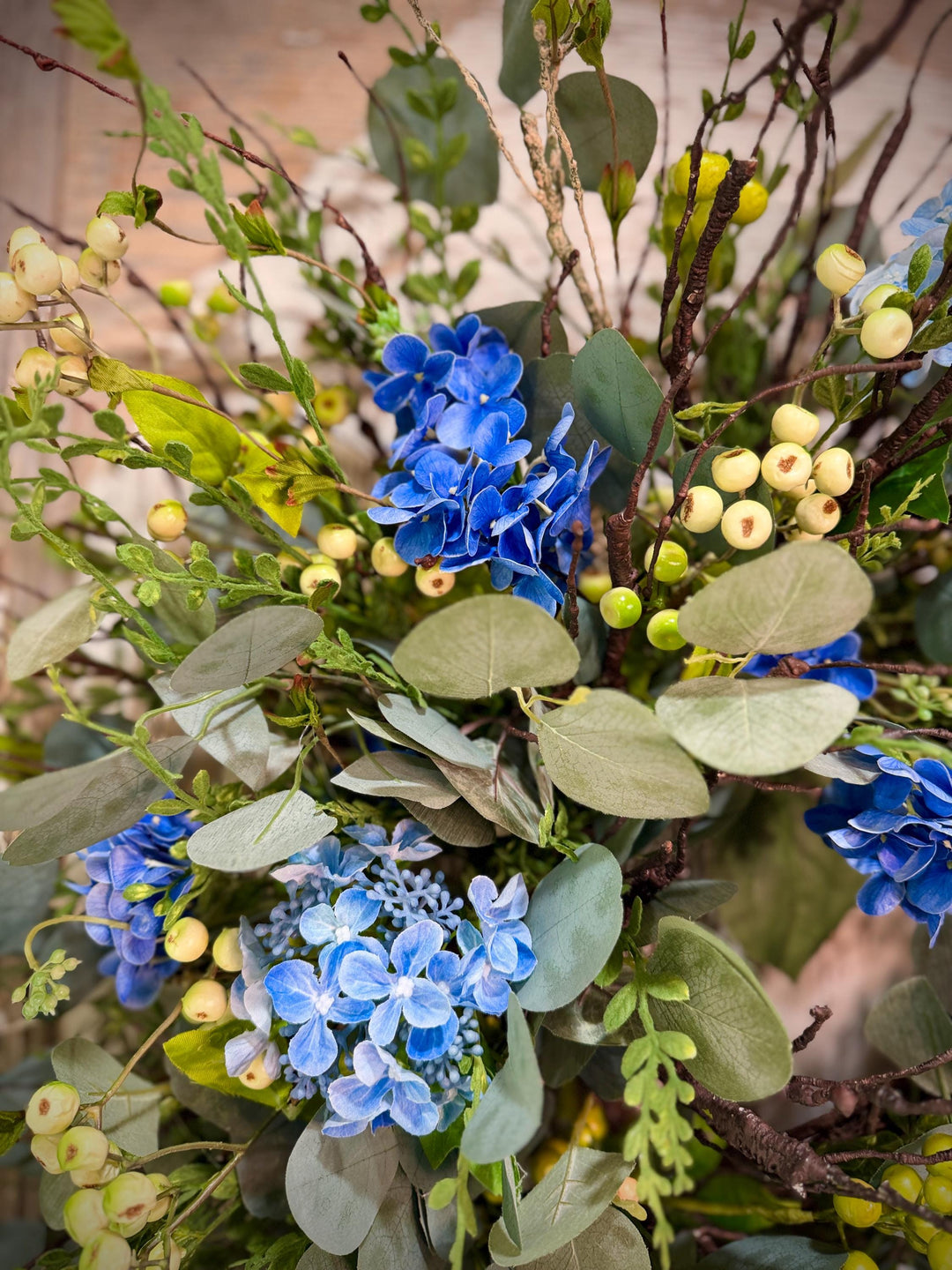 Blue Hydrangea Wreath for Front Door – Spring Summer Wreath with Greenery and Berries – Everyday Floral Door Decor – Farmhouse Wreath