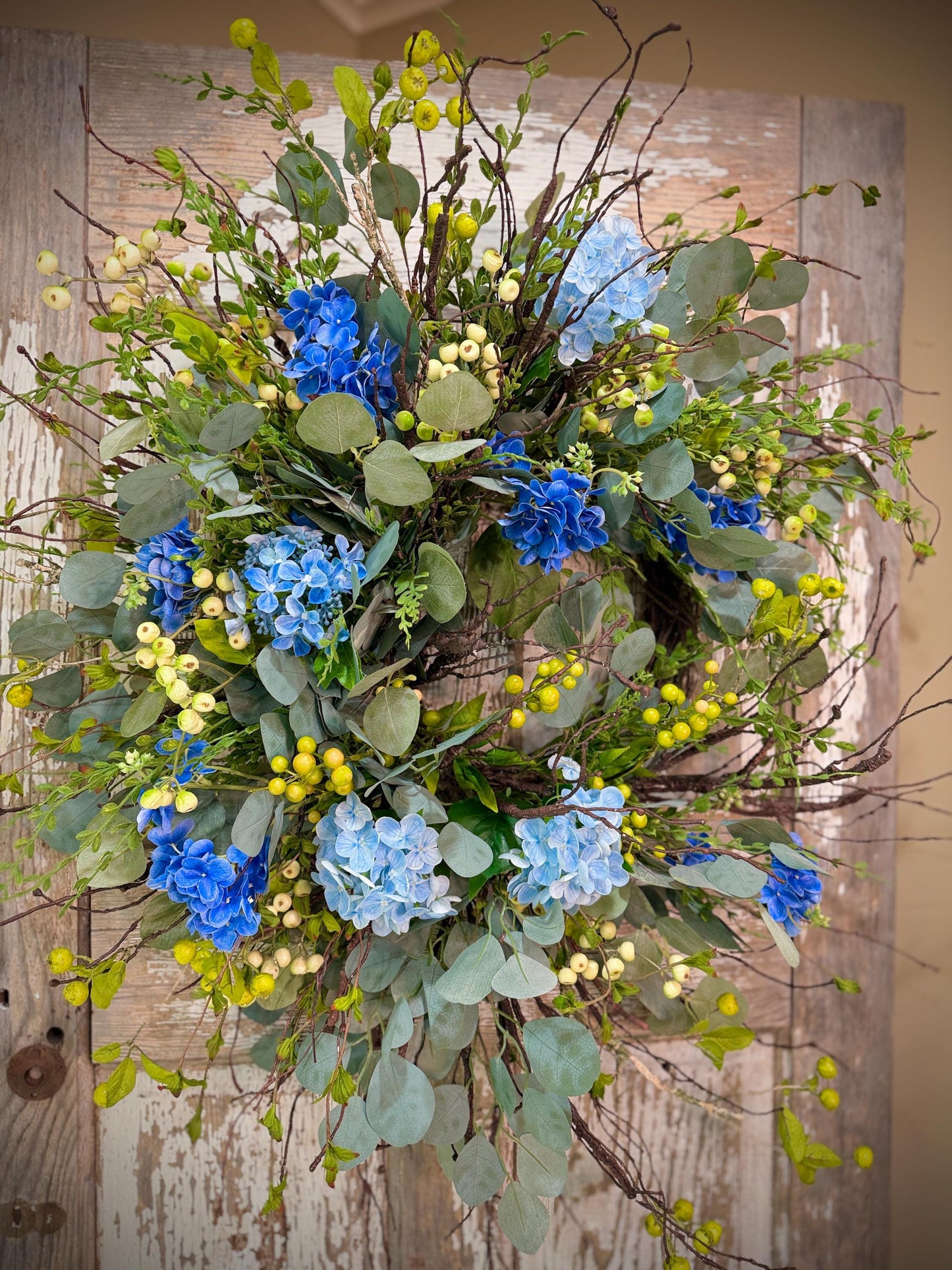 Blue Hydrangea Wreath for Front Door – Spring Summer Wreath with Greenery and Berries – Everyday Floral Door Decor – Farmhouse Wreath