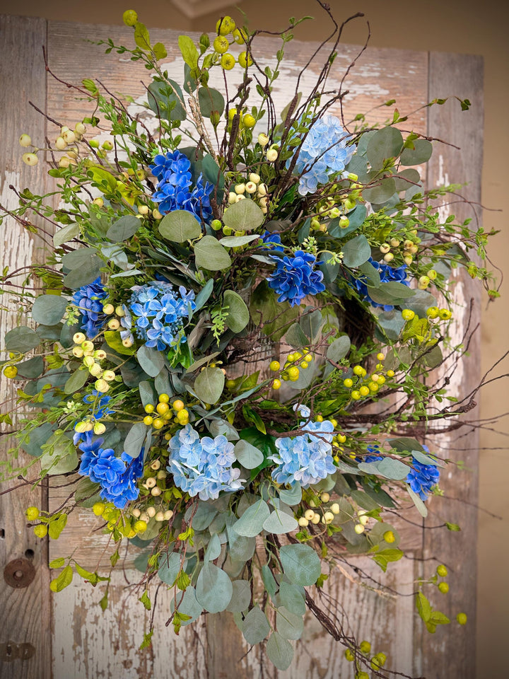 Blue Hydrangea Wreath for Front Door – Spring Summer Wreath with Greenery and Berries – Everyday Floral Door Decor – Farmhouse Wreath