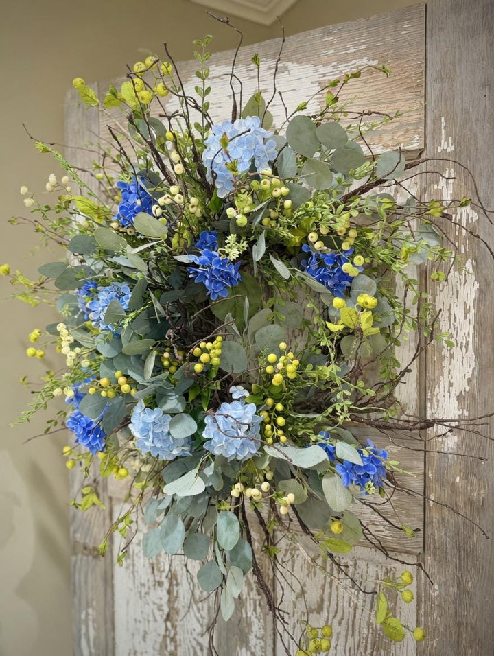 Blue Hydrangea Wreath for Front Door – Spring Summer Wreath with Greenery and Berries – Everyday Floral Door Decor – Farmhouse Wreath