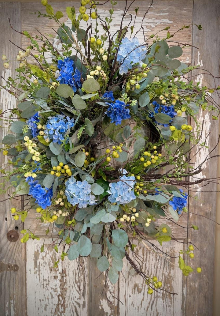 Blue Hydrangea Wreath for Front Door – Spring Summer Wreath with Greenery and Berries – Everyday Floral Door Decor – Farmhouse Wreath