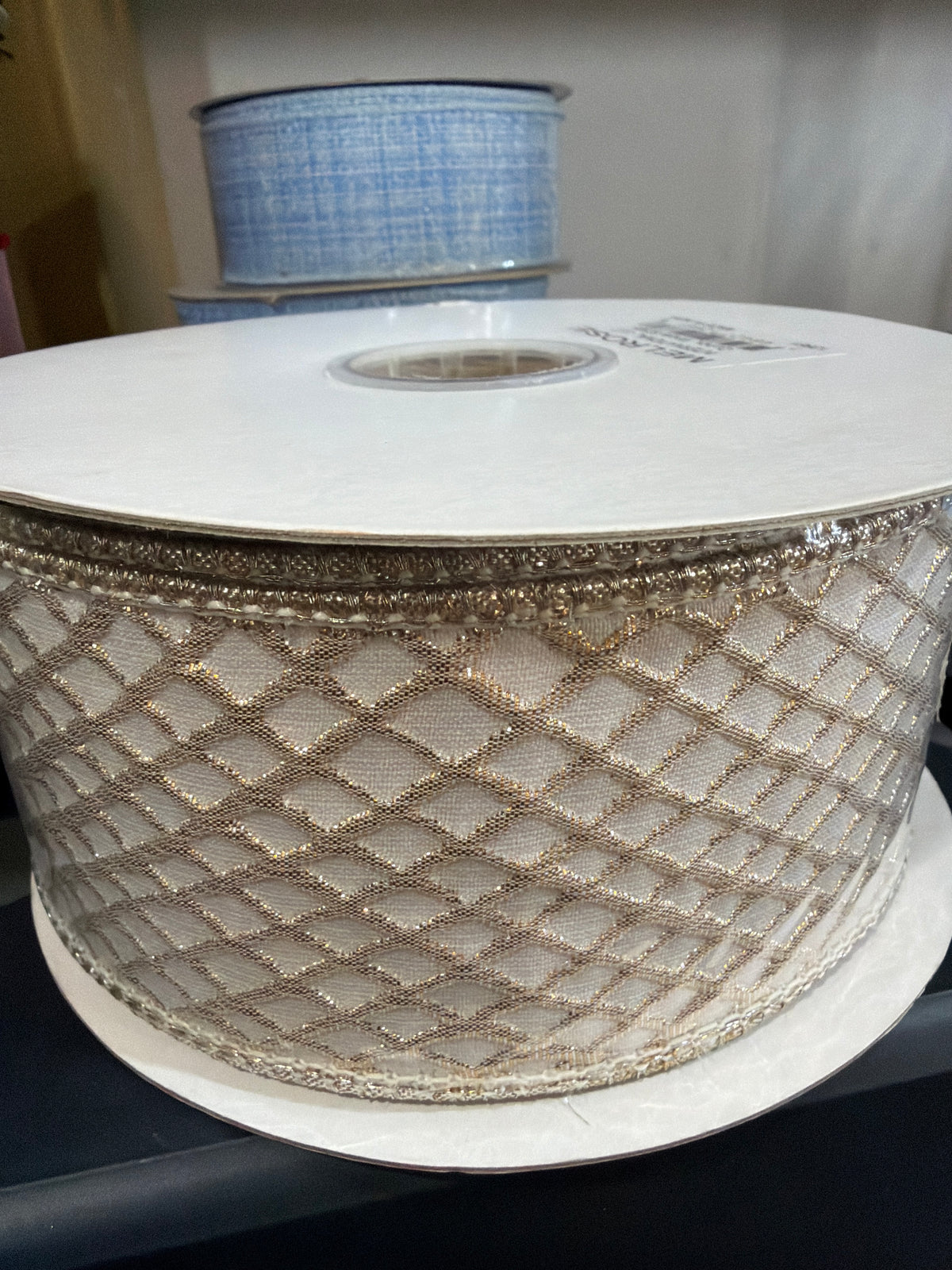 2.5inx10yd Cream/Champagne Harlequin Ribbon Melrose
