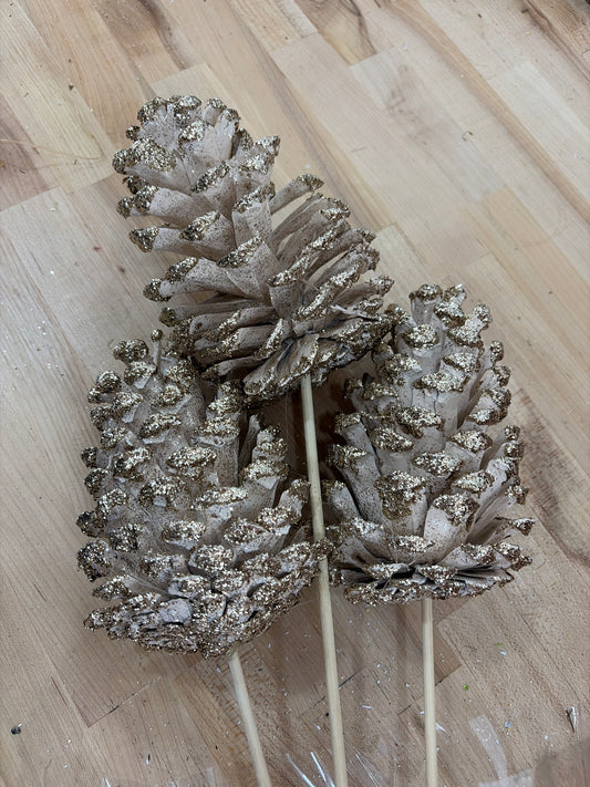 3pc SET 6in Metallic Glitter Sugar Cone LIGHT CHAMPAGNE Winter Woods