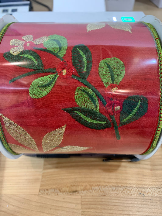 4inx10yd Embroidery Red/Green/Gold Leaf Pattern Berry Ribbon