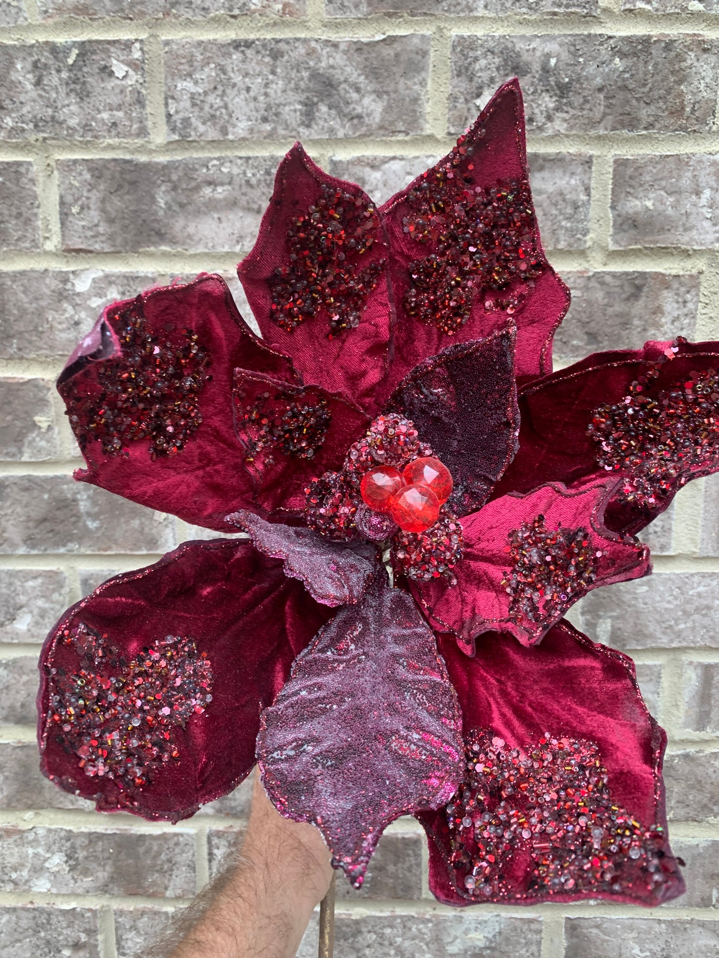 24in BURG Velvet Beaded Poinsettia