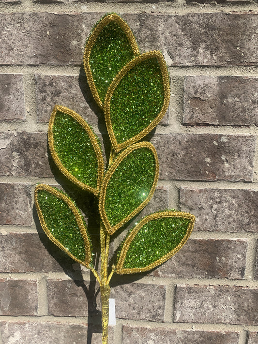 28in Glitter Lace Leaf x6 LT GREEN/GOLD