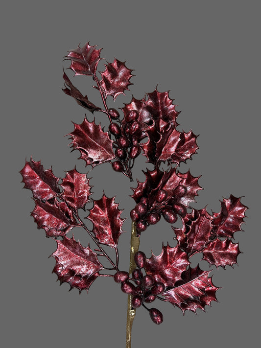 25in Antique Burgundy Metallic Holly - Premium Greenery for Wreaths and Home Decor Regency