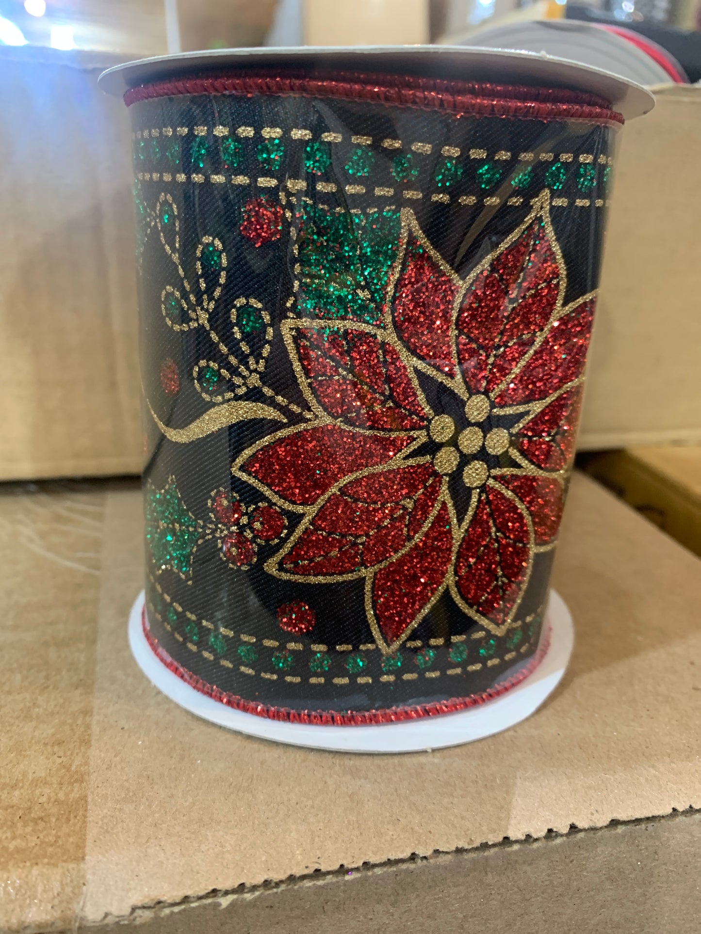 4in Glitter Poinsettias on BLACK ribbon