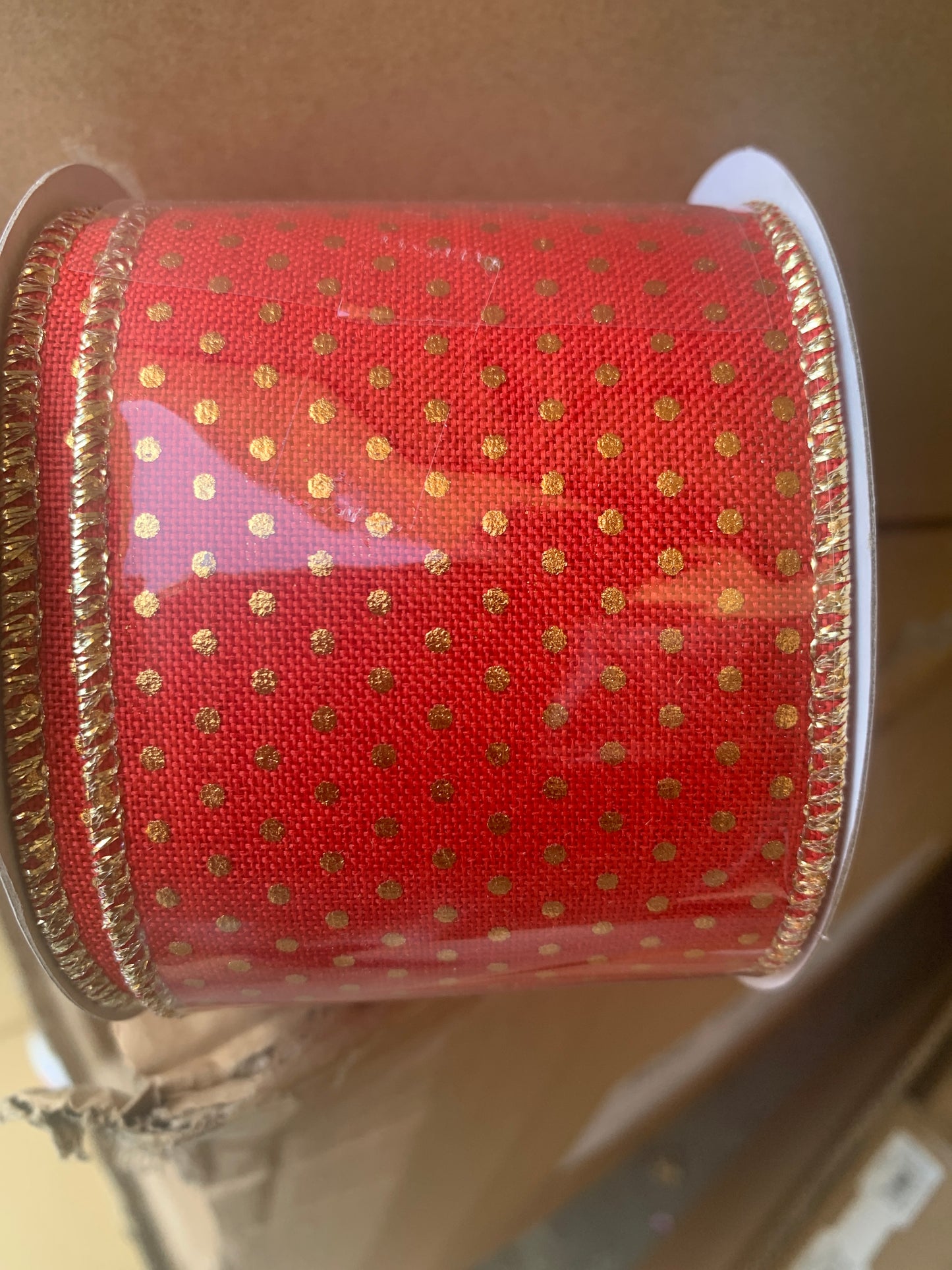 2.5 inch X 10 yard Swiss Dot Gold on Red