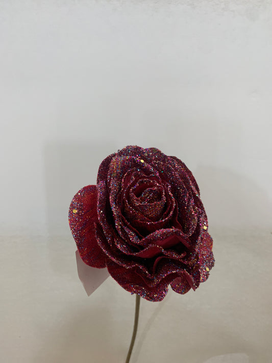 22in Metallic Fabric Rose w/6in Bloom RED