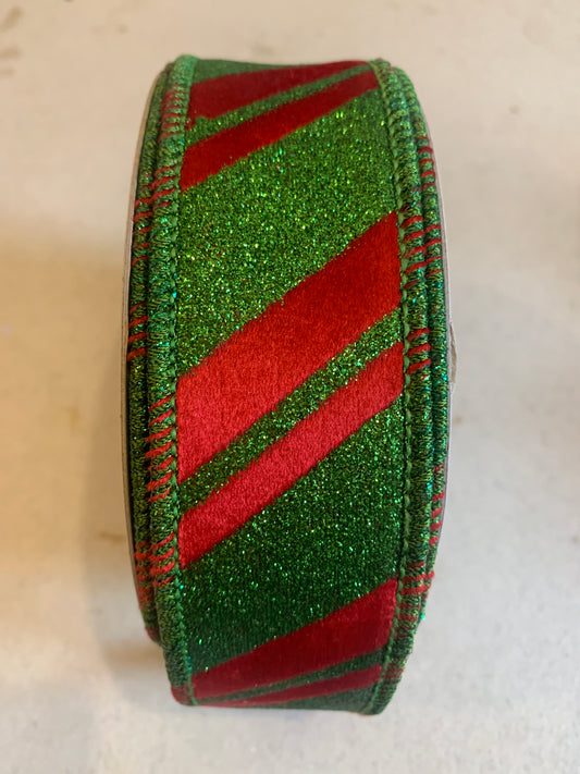 1.5inx10yd Red Velvet w/Green Glitter Diag Stripe