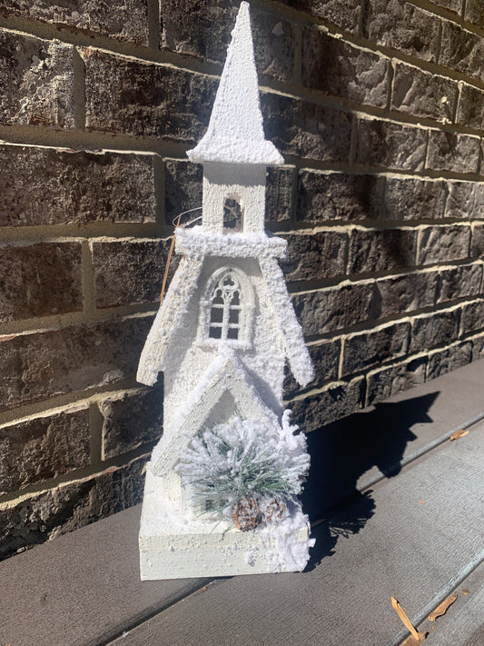 Flocked White Open Steeple Church