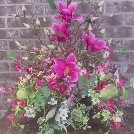 Lovely Dough Bowl Arrangement - Peonies and Magnolias and Berries - Nature Inspired beauty with vibrant Pink foliage for your home decor.