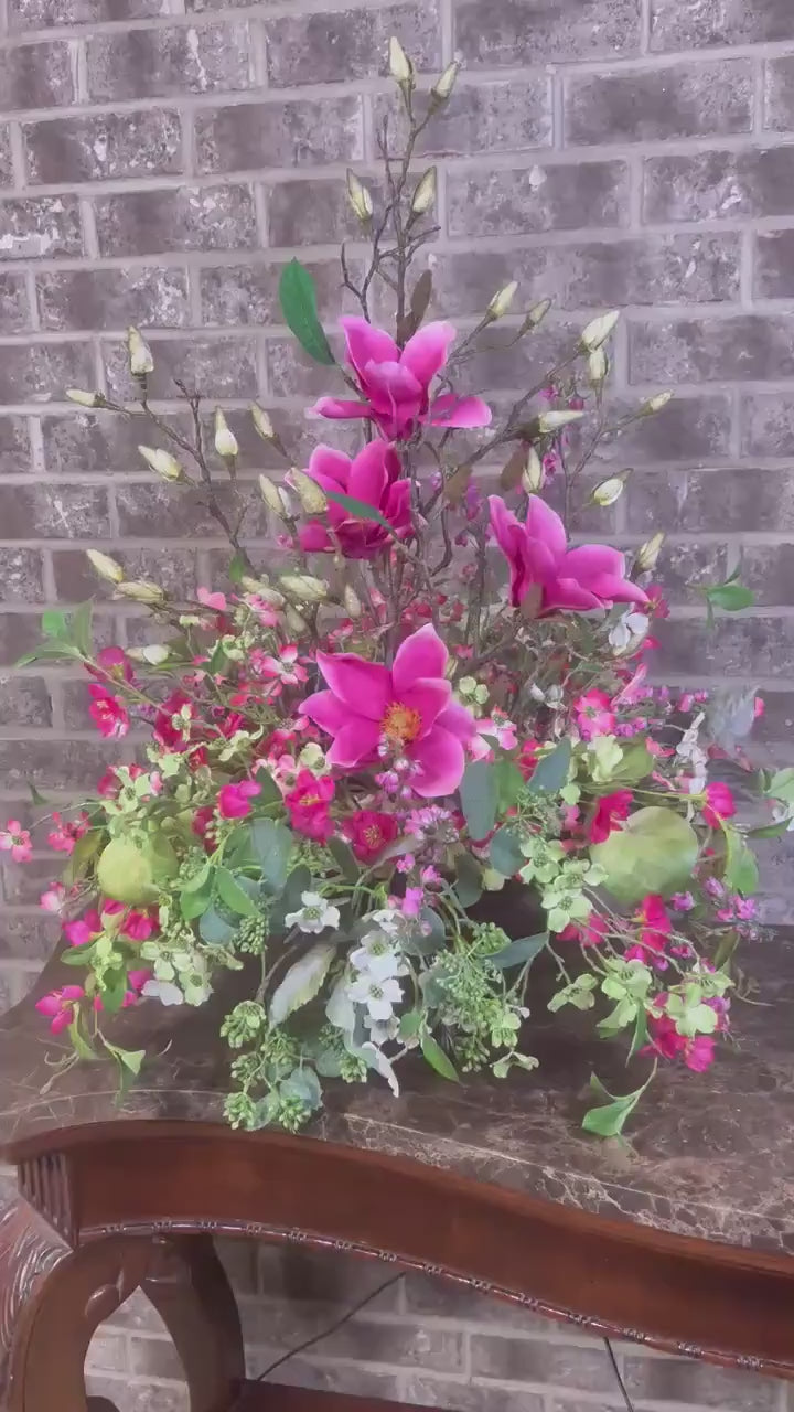 Lovely Dough Bowl Arrangement - Peonies and Magnolias and Berries - Nature Inspired beauty with vibrant Pink foliage for your home decor.