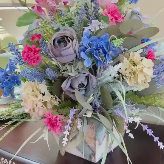 Spring Handcrafted Vintage container arrangement with hydrangeas and much more!