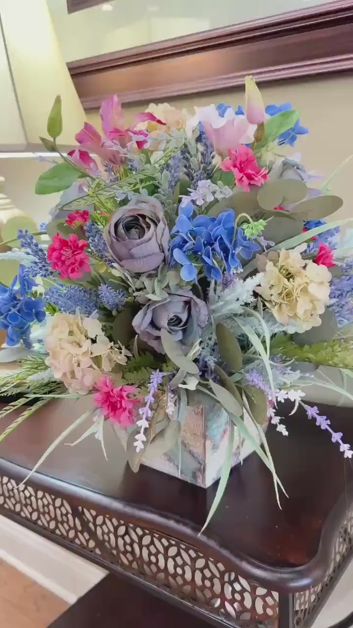 Spring Handcrafted Vintage container arrangement with hydrangeas and much more!