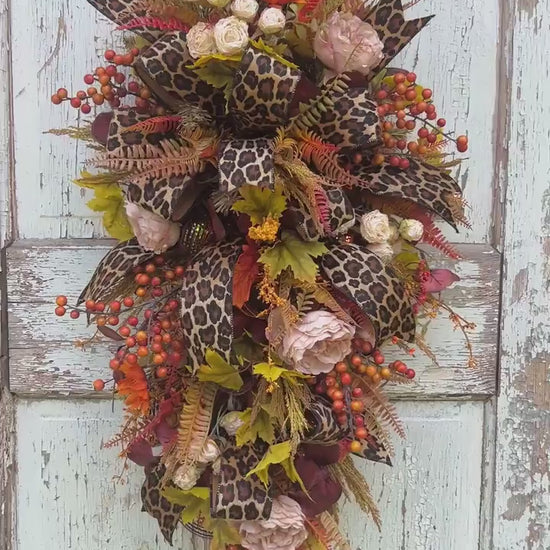 Handmade Fall Swag Wreath with Leopard Print Ribbon, Autumn Door Decor, Rustic Harvest Swag, Thanksgiving Front Door Wreath, Home Decor,