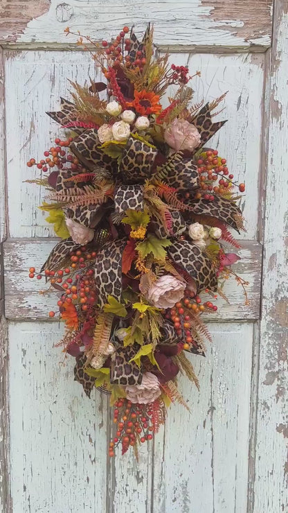 Handmade Fall Swag Wreath with Leopard Print Ribbon, Autumn Door Decor, Rustic Harvest Swag, Thanksgiving Front Door Wreath, Home Decor,