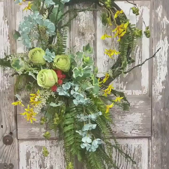 Handmade Spring Floral Wreath - Large vine Grapevine, sturdy moss ropping.