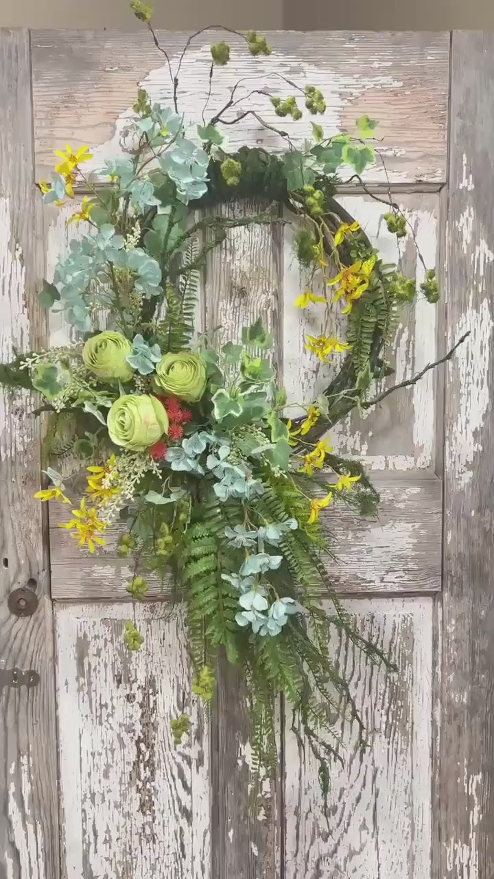 Handmade Spring Floral Wreath - Large vine Grapevine, sturdy moss ropping.