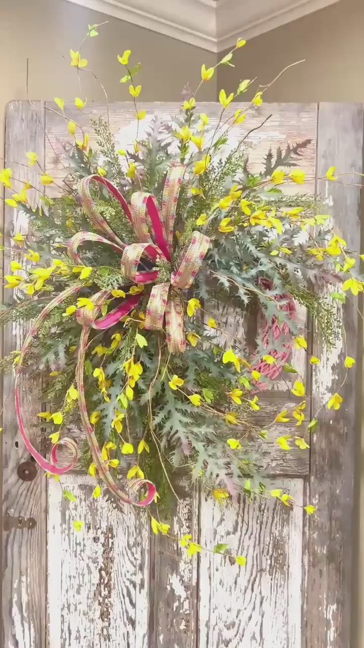 Spring and Easter Pink Willow Wild Forsythia Wreath -Designer Ribbon Bow with tails