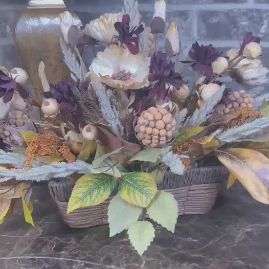 Wooven Farmhouse Basket Fall Arrangement -Heather, pods, Beech leaves, Maple leaves, taupe poppies, burgundy floral foliage and much more.