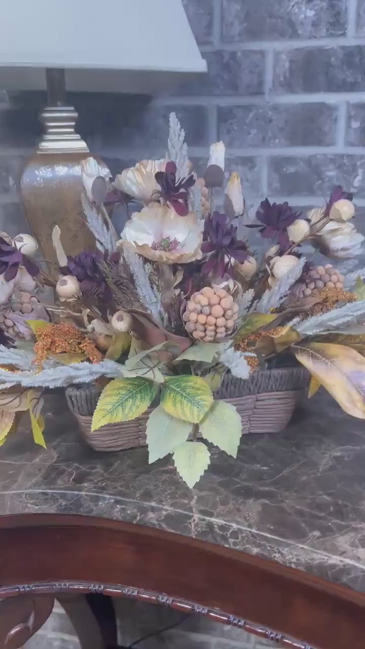 Wooven Farmhouse Basket Fall Arrangement -Heather, pods, Beech leaves, Maple leaves, taupe poppies, burgundy floral foliage and much more.