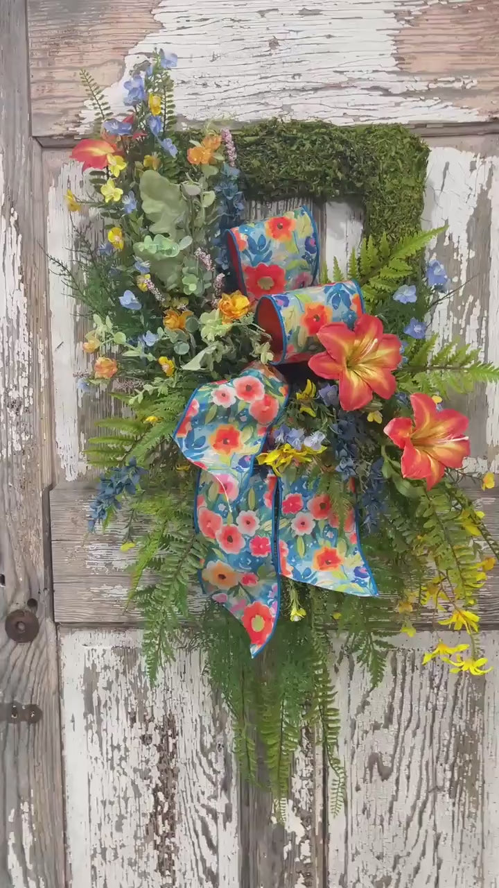 Moss Square Wreath with Day Lilies and Fern Greenery - Designer Blue and Orange Ribbon