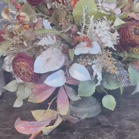 Fall Dried Ranunculus Pumpkin Arrangement - Speckled Arailia Leaf with White pumpkin - Lush Fall Foliage with wheat and pearl cream pumpkin.