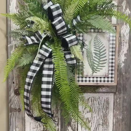 Designer Twig Fern Wreath with wooden fern picture - Top Tier Designer buffalo check bow