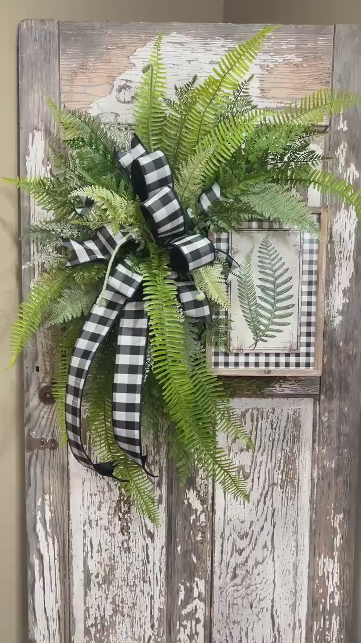 Designer Twig Fern Wreath with wooden fern picture - Top Tier Designer buffalo check bow