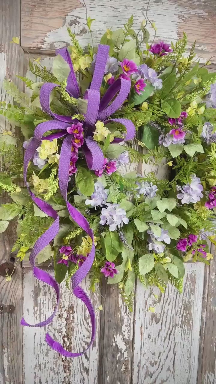 Spring Garden Wreath with Lavender, Yellow, Magenta Florals – Grapevine Base Designer Bow