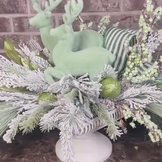 Snowy Pine and Berry Deer Arrangement - Mint Green accents