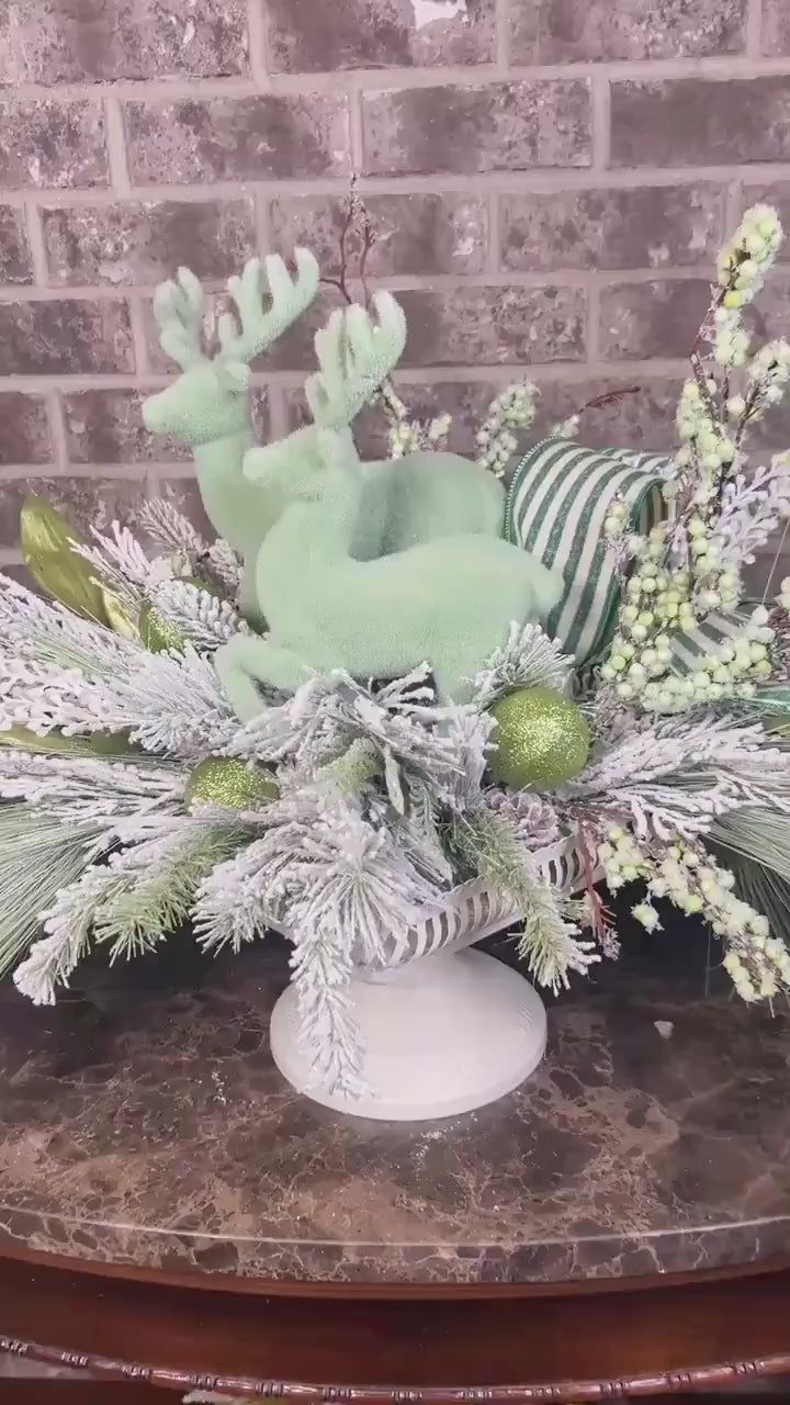 Snowy Pine and Berry Deer Arrangement - Mint Green accents