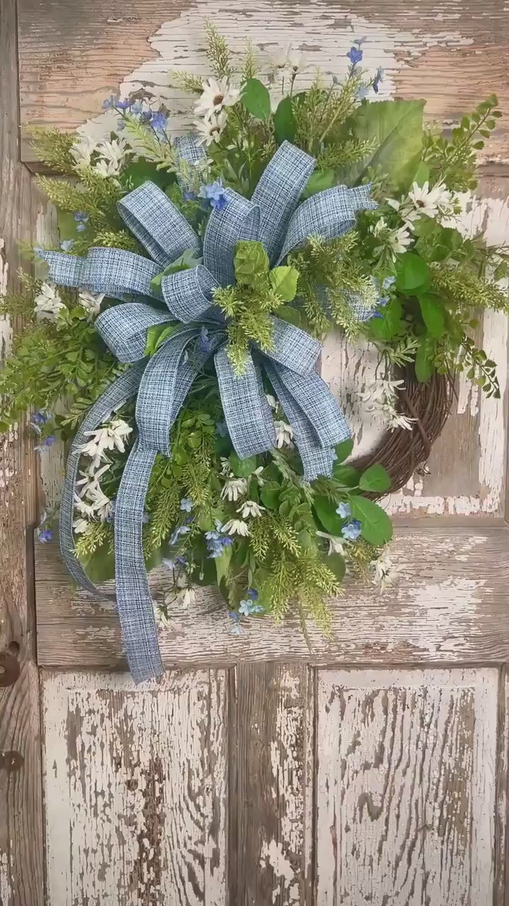 Spring Grapevine Wreath with Daisies and blue flowers - Cross Checked powdered Blue Bow