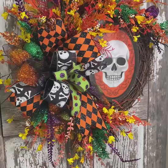 Skelton Sign Grapevine Wreath - Halloween Ribbons and more