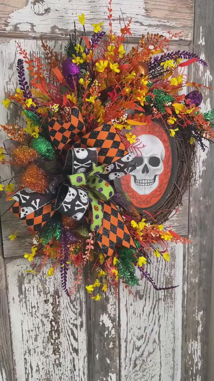 Skelton Sign Grapevine Wreath - Halloween Ribbons and more