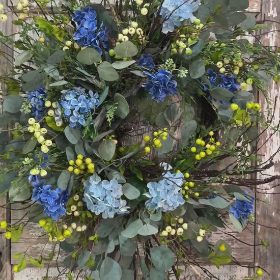 Blue Hydrangea Wreath for Front Door – Spring Summer Wreath with Greenery and Berries – Everyday Floral Door Decor – Farmhouse Wreath