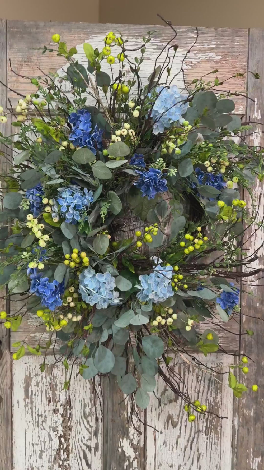 Blue Hydrangea Wreath for Front Door – Spring Summer Wreath with Greenery and Berries – Everyday Floral Door Decor – Farmhouse Wreath