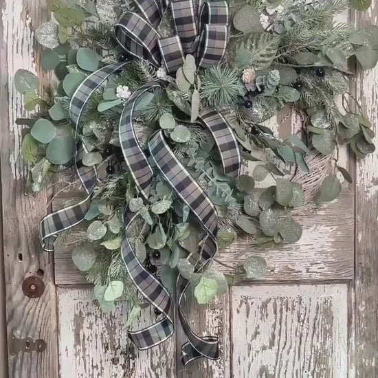 Winter Greens White Washed Metal Twig Wreath - Frosted Eucalyptus with Plaid bow