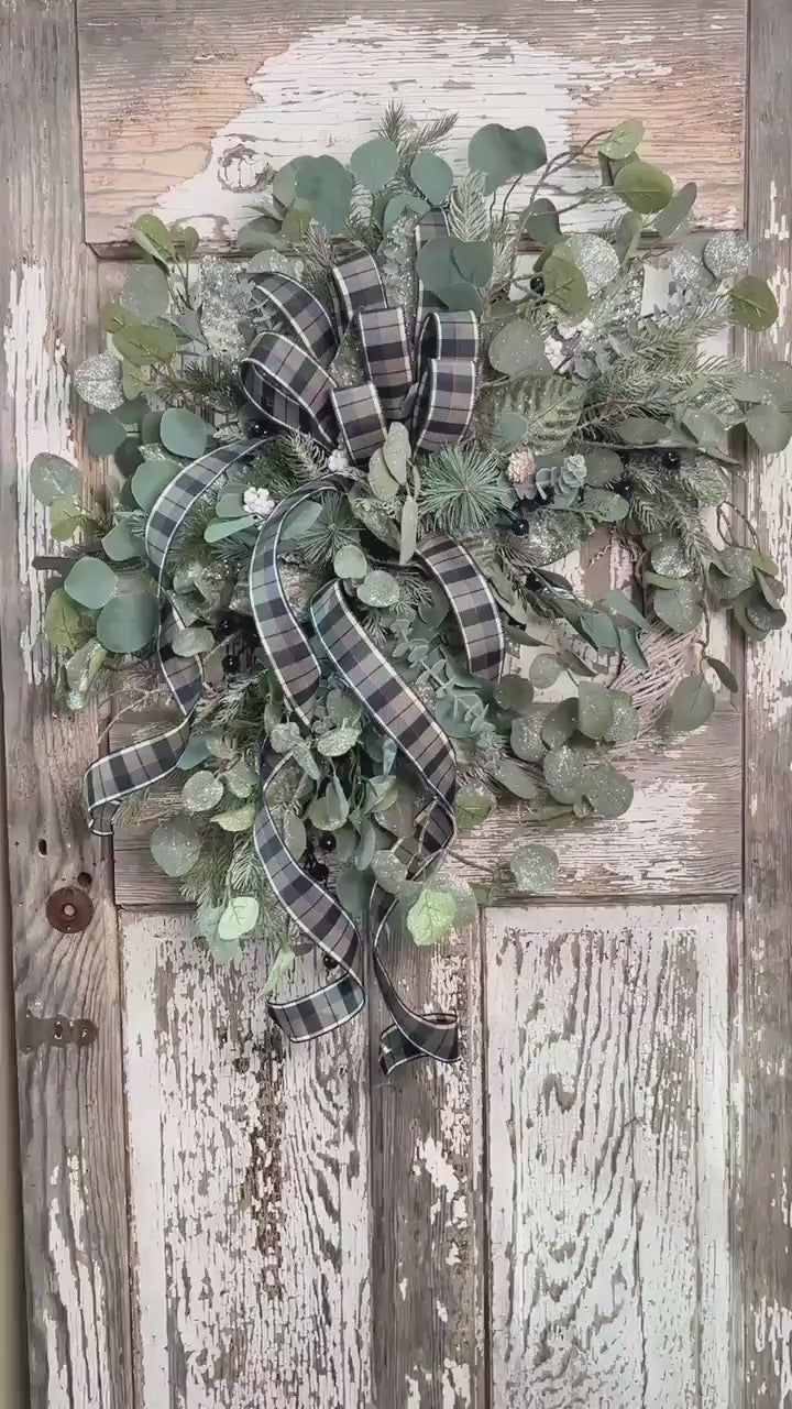Winter Greens White Washed Metal Twig Wreath - Frosted Eucalyptus with Plaid bow