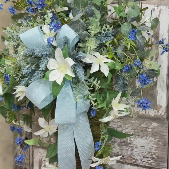 Spring Door Basket, Blue Wildflower Door Hanger, Farmhouse Front Door Decor, Cottage Garden Floral Basket,