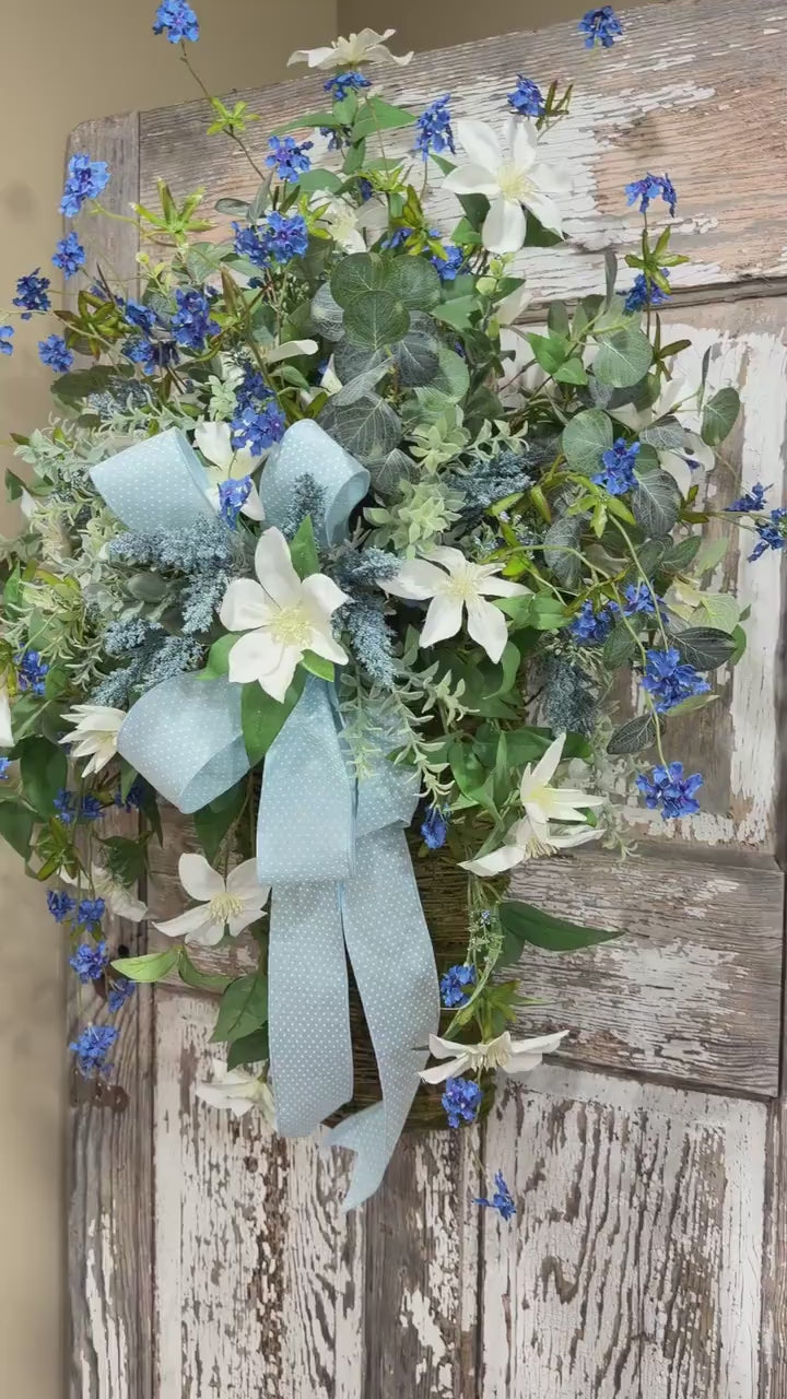 Spring Door Basket, Blue Wildflower Door Hanger, Farmhouse Front Door Decor, Cottage Garden Floral Basket,