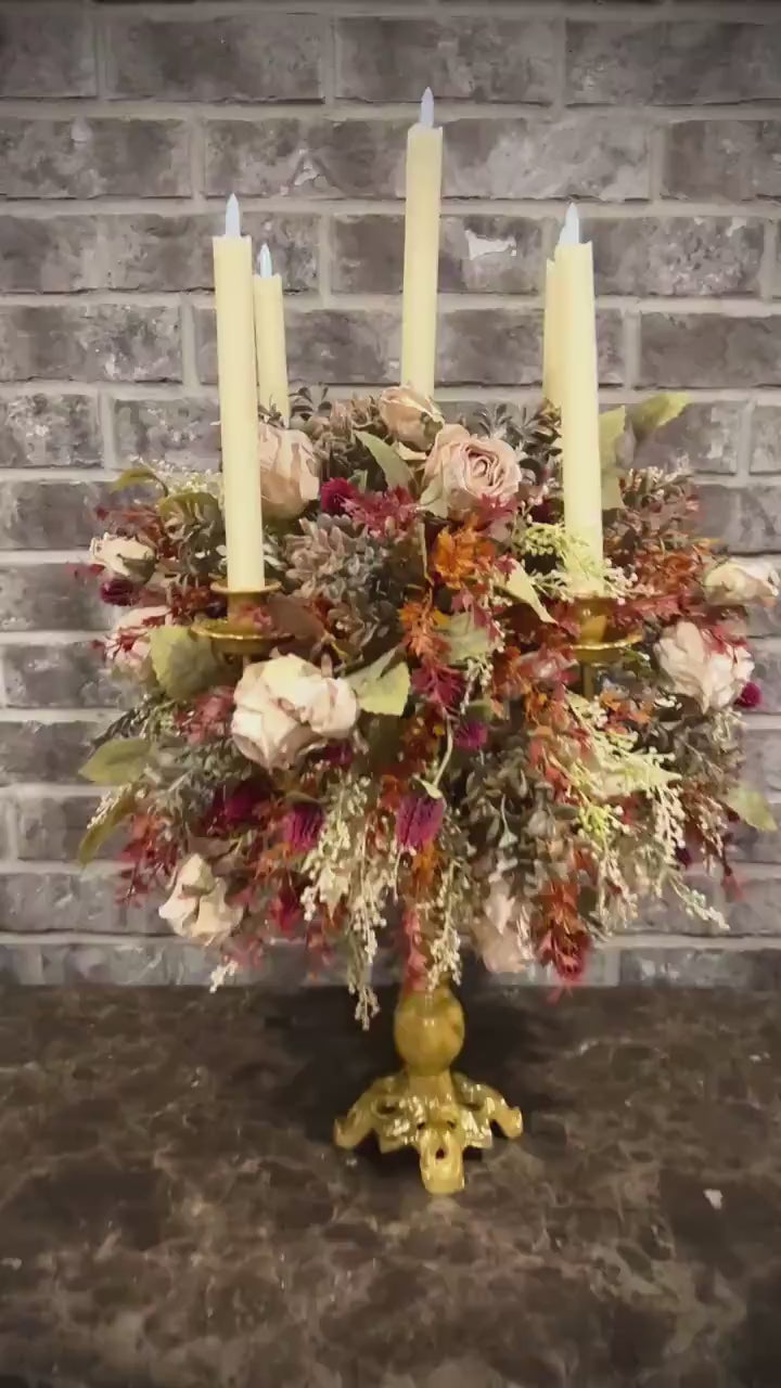 Candelabra’s:  Faux Fall Floral and Dried Cream Roses with battery powered candles