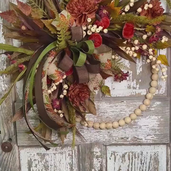Fall Bead Wreath with Fall Florals and Pumpkins