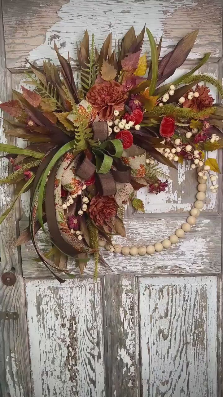 Fall Bead Wreath with Fall Florals and Pumpkins